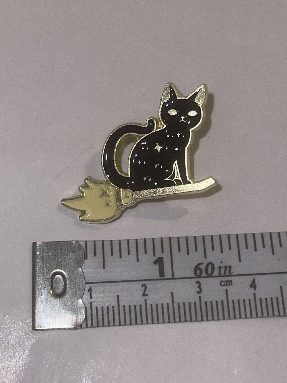 Mystical Black Cat On Flying Broom Pin Brooch